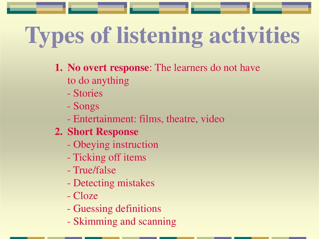 Listening activity 2. Listening activities. Types of Listening. Teaching Listening presentation. While Listening activity.